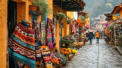 Colorful artisan stalls line a cobblestone street in a vibrant village.
