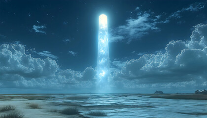 Ethereal, luminous column of light pierces night sky above flat, moonlit landscape. Mysterious, otherworldly scene