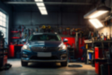 Blurry car repair shop, the car is being serviced in a garage with a dark theme, featuring a blurry repair shop background.