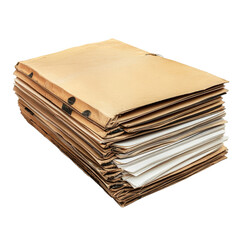 Large stack of old file folders with yellowed paper and metal clips