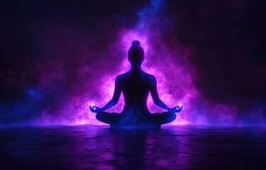 Silhouette of a woman meditating, surrounded by vibrant smoke
