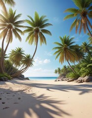 Fototapeta premium Serenity on a tropical sandy beach with palm trees and clear blue sky, relaxation, palm trees