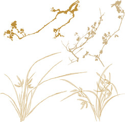 Set of hand drawn branch of flower with Japanese pattern vector. Cherry blossom flower and Orchid flower.  Oriental decoration with logo design, flyer or presentation in vintage style.