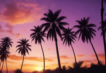 Obraz premium Silhouetted palm trees against purple and orange sky at sunset, tropical, beautiful, nature