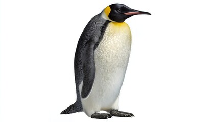 Fototapeta premium A majestic emperor penguin standing calmly on a white background, detailed side profile view