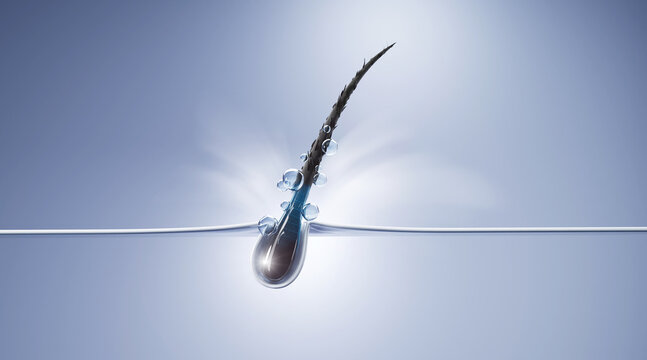 High-detail 3D illustration of follicle stimulation using modern biotech, ideal for hair thickening, alopecia solutions, and premium skincare visuals.