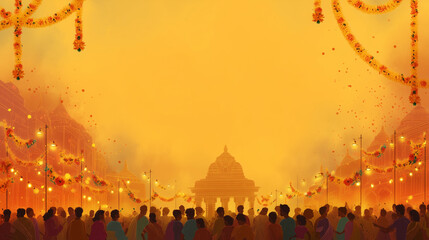 Bonalu Festival, crowd of devotees in temple decorated with marigold flowers and lamps, orange to yellow gradient background