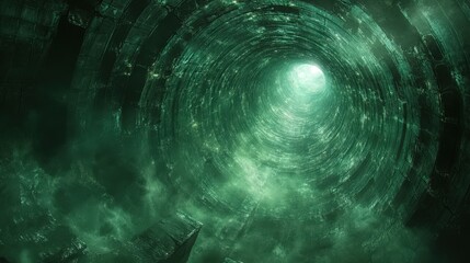 Intricate, swirling, emerald tunnel perspective.