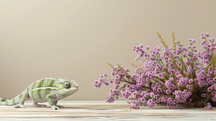 Chameleon and flowers on a light wooden table