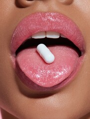Naklejka premium Sensual Glossy Lips with White Capsule on Tongue – Bold Beauty & Wellness Expression