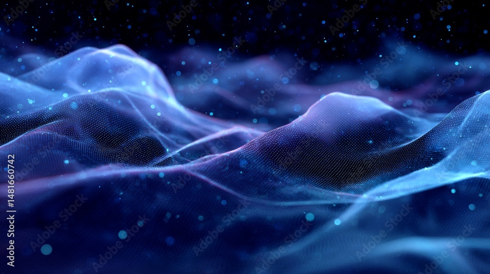 Poster High angle close-up captures flowing digital waves in shades of blue and silver, depicting the essence of blockchain data streams in a futuristic cyber setting