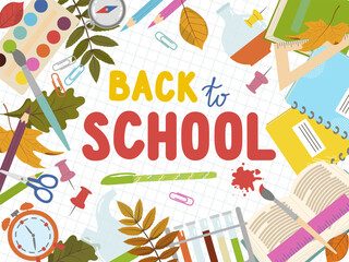 Back to school vector design banner with autumn leaves and school supplies, alarm clock, paints, notebook. Vector illustration.
