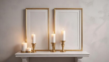 Sleek white frame against a clean wall decorated with brass candle holders, hygge vibes, glowing candles, interior design trends
