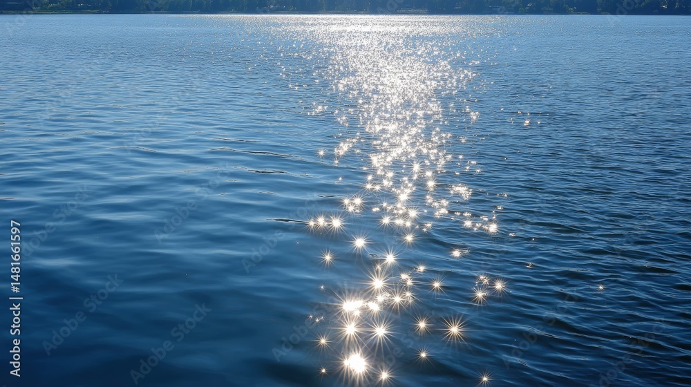Poster sunlight dances across tranquil lake ripples, highlighting the shimmering texture of the water in a 