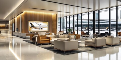 A luxurious airport lounge with a serene ambiance, plush seating, warm lighting, and refined interior decor, designed for ultimate relaxation.