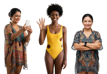 Three Women of African Descent Showcasing Styles: A Confident Child with Swimsuit and Two Adults with Smartphones, Exuding Confidence and Diversity