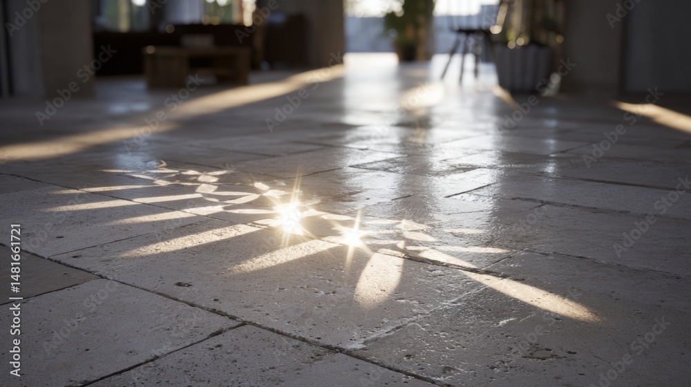Poster sunlight glistens off intricately patterned ceramic tiles, creating vibrant reflections that emphasi