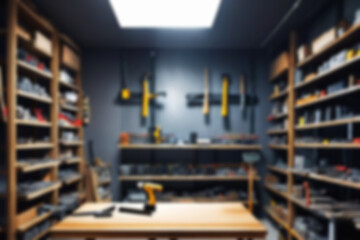 Fototapeta premium Blurry car repair shop, the car is being serviced in a garage with a dark theme, featuring a blurry repair shop background.