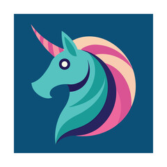 Colorful stylized unicorn illustration featuring curved design elements and a vibrant color palette on navy blue.