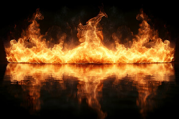 Fiery inferno reflected on a dark, still surface, creating a symmetrical and intense visual spectacle of burning flames