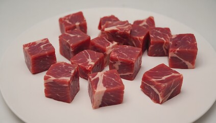 Fototapeta premium Fresh beef cubes on white plate