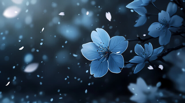 Soft blue cherry blossom petals drifting in darkness. [Skyroot Canopy] | Petal Drift | skyfall flower. Illustration