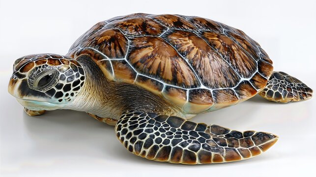 Close-up of a sea turtle with detailed shell pattern on a white background, side angle