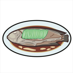 Steamed Fish Chinesse Traditional Food Colored Flat Illustration