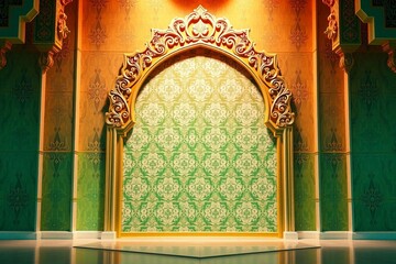 Luxurious Arabic background with stylish white and green patterns and ornate arch frame.