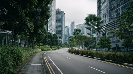 Empty urban roadway winding through a city landscape.