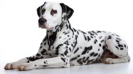A calm Dalmatian dog lying down on a white background, front side angle