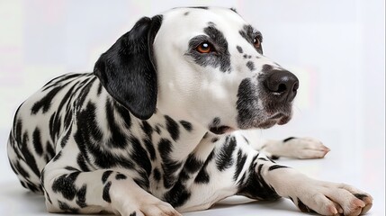 A close-up of a calm Dalmatian dog lying down on a white background, captured from a side angle