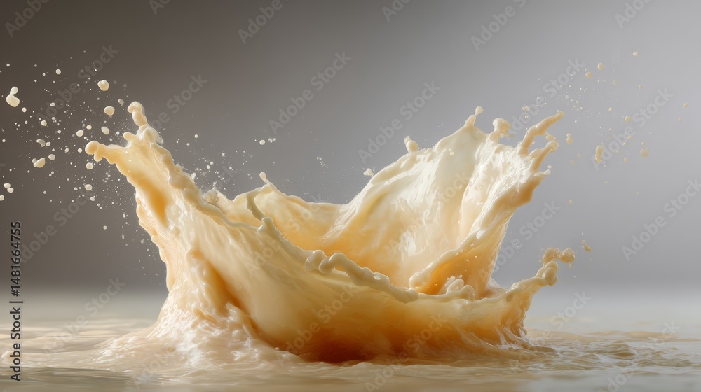 Poster a splash of milk forms graceful arcs and droplets mid-air, featuring smooth lighting that highlights