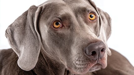 Close-up portrait of a Weimaraner dog with amber eyes on a white background, front angle