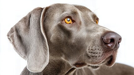 Close-up portrait of a Weimaraner dog with striking amber eyes on a white background, side angle