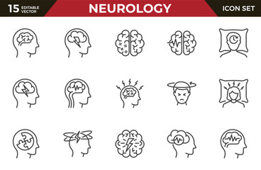 Neurology outline icons set, such as Alzheimer's disease, spinal injury, insomnia, memory impairment and more. Editable stroke.