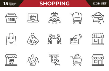 Shopping line icon set. Collection of e-commerce, credit card, supermarket, sale and more. Vector illustration isolated on white. Editable stroke.