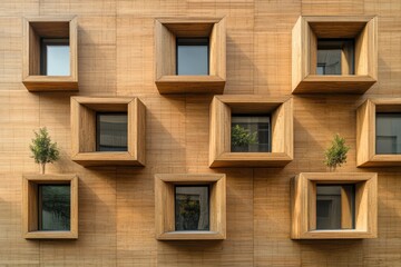 Obraz premium Wooden facade with recessed square windows (1)