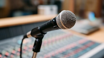 Close-up of a dynamic microphone in a professional recording studio highlighting music production with soundproof panels and a mixing console softly blurred behind it