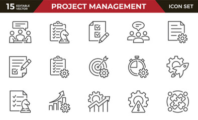 Project management outline icon set. Collection of collaboration, workflow, strategy, deadlines and more. Vector illustration. Editable stroke.