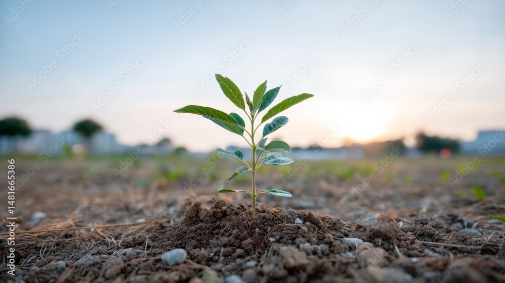 Poster a small green sprout breaks through dry soil, illuminated by bright light, symbolizing hope and pote