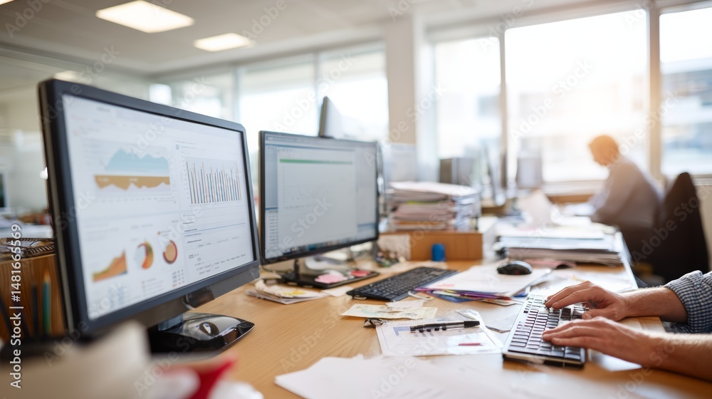 Aufkleber Cluttered desk with multiple glowing screens displaying charts and data, reflecting the energy of a fast-paced digital workspace during a workday