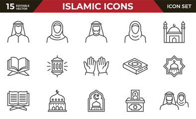 Islamic outline icon set, such as mosque, quran, carpet, ramadan and more. Editable stroke.