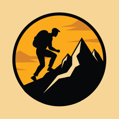 Silhouette of a climber ascending a mountain within a circular frame.
