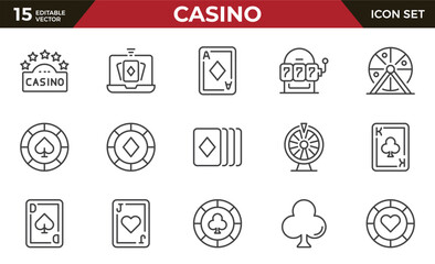 Casino line icon set. poker, card games. Playing cards, chips, lottery, roulette, slot machine. Outline icon collection.