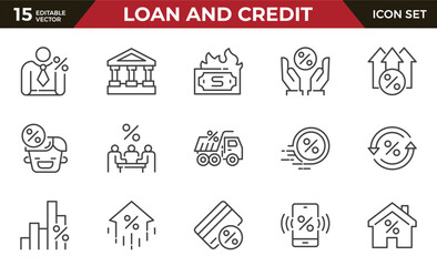 Loan and Credit line icons set. Mortgage, car loan, bank lending, cash loan. Outline icon collection. Pictogram and infographic.
