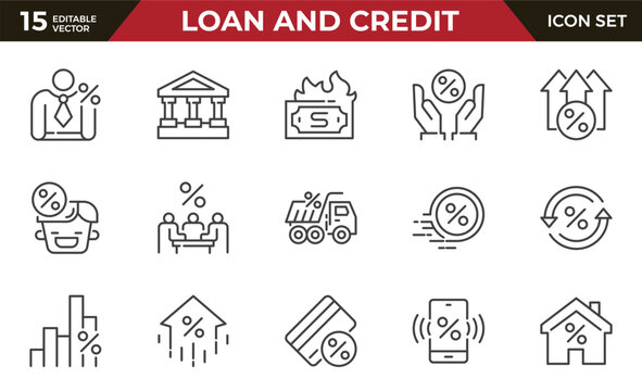 Loan and Credit line icons set. Mortgage, car loan, bank lending, cash loan. Outline icon collection. Pictogram and infographic.