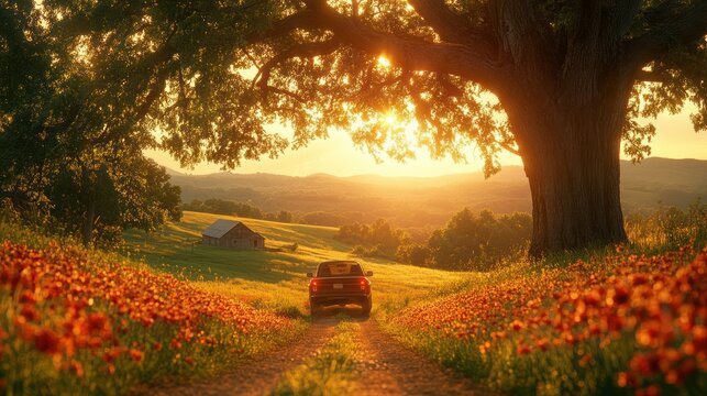 Golden Hour Drive Through Poppy Fields Towards a Rural Homestead Under a Canopy Tree - Powered by Adobe