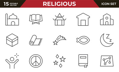 Religious Icon Set. A meaningful collection of icons representing various faiths and beliefs, perfect for enhancing educational materials, spiritual apps, and community outreach initiatives.