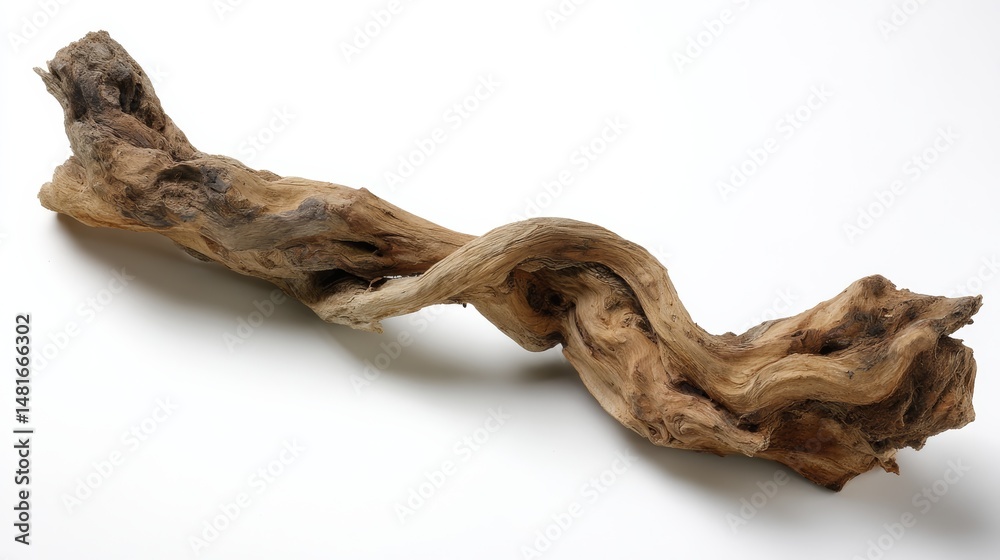 Poster close-up of a twisted and weathered driftwood branch isolated on white. this natural element adds ch